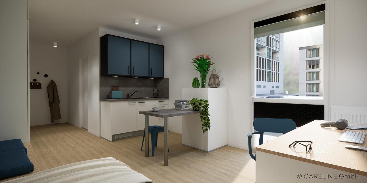 Apartmentüberblick Quartillion Wiesbaden mit Tisch