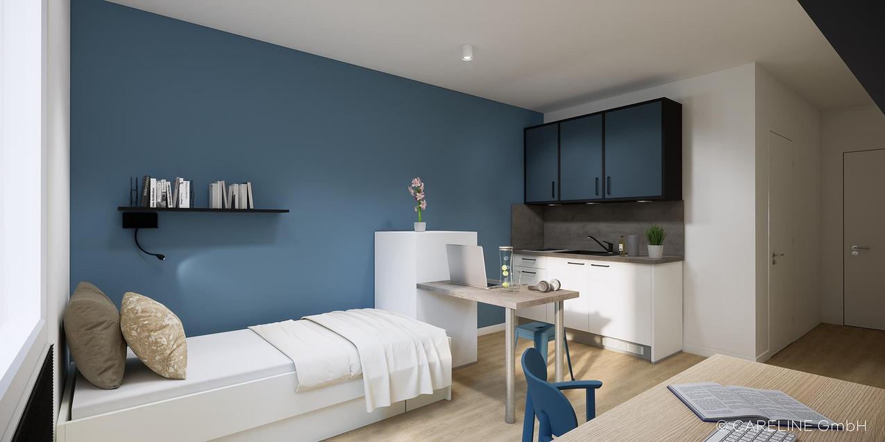 Apartmentüberblick Quartillion Wiesbaden mit Bett
